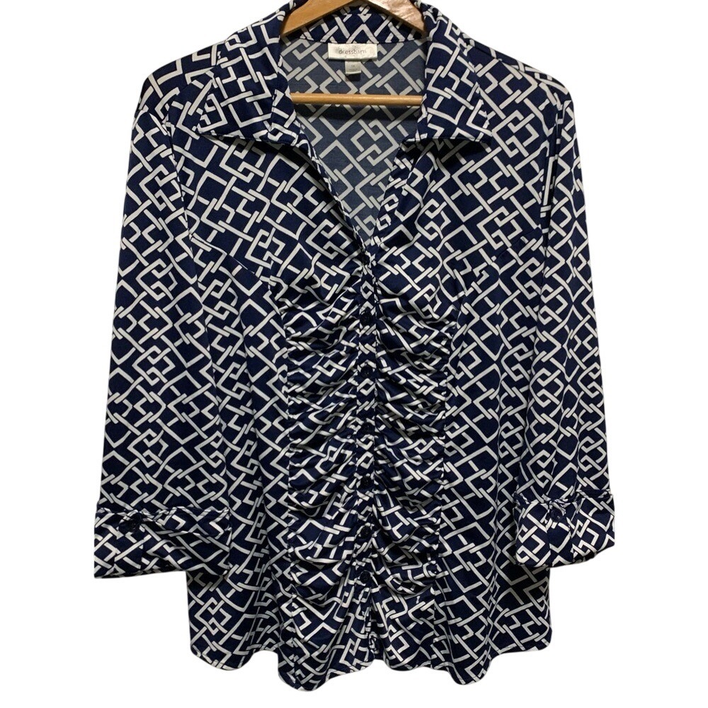Dressbarn Women's Blue Geometric Print Button Front Blouse Top 1X Plus Stretch